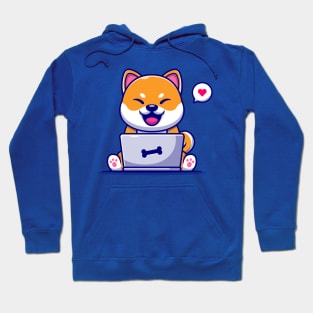 Cute Shiba Inu Dog Working On Laptop Cartoon Hoodie